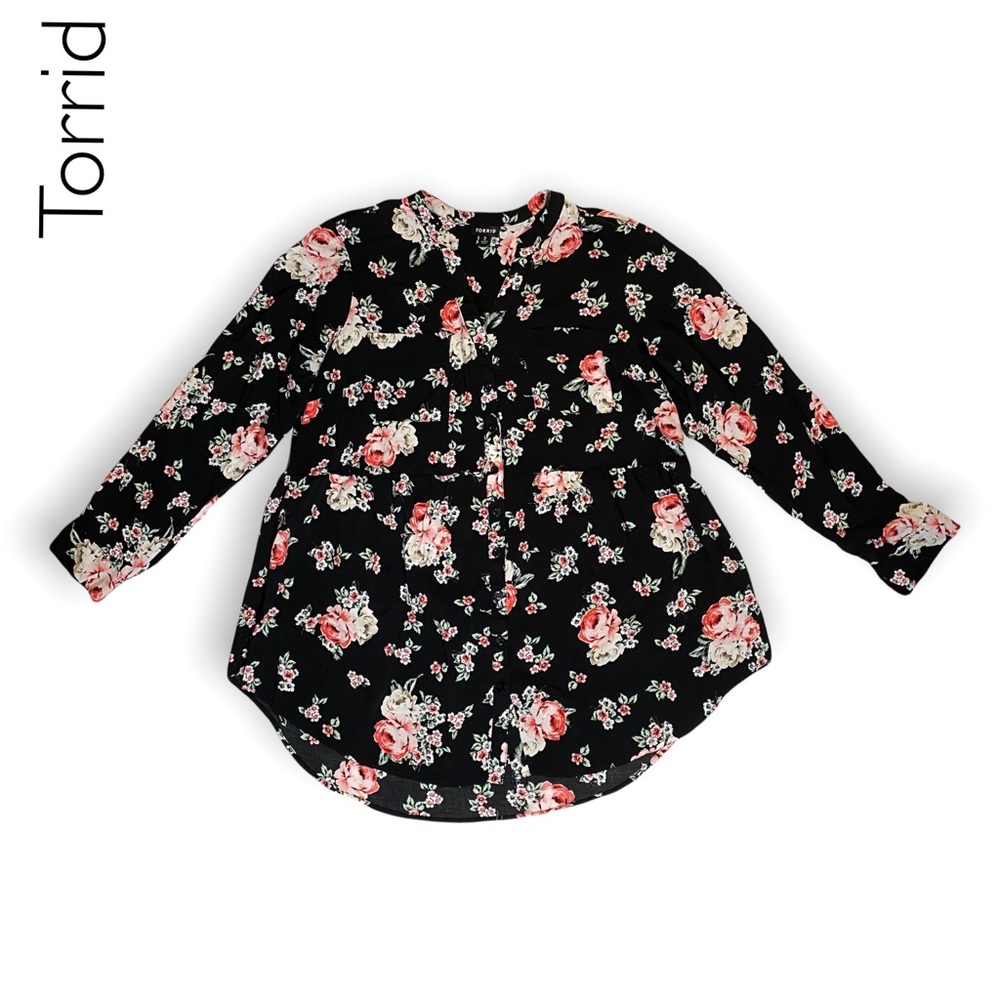 Torrid Emma Tunic Black Floral Challis Babydoll Size 2XL (Torrid Size 2)